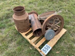 Assorted wheels, sieves, old milk can