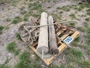 Old Cast iron tools, wooden rollers & fire grate